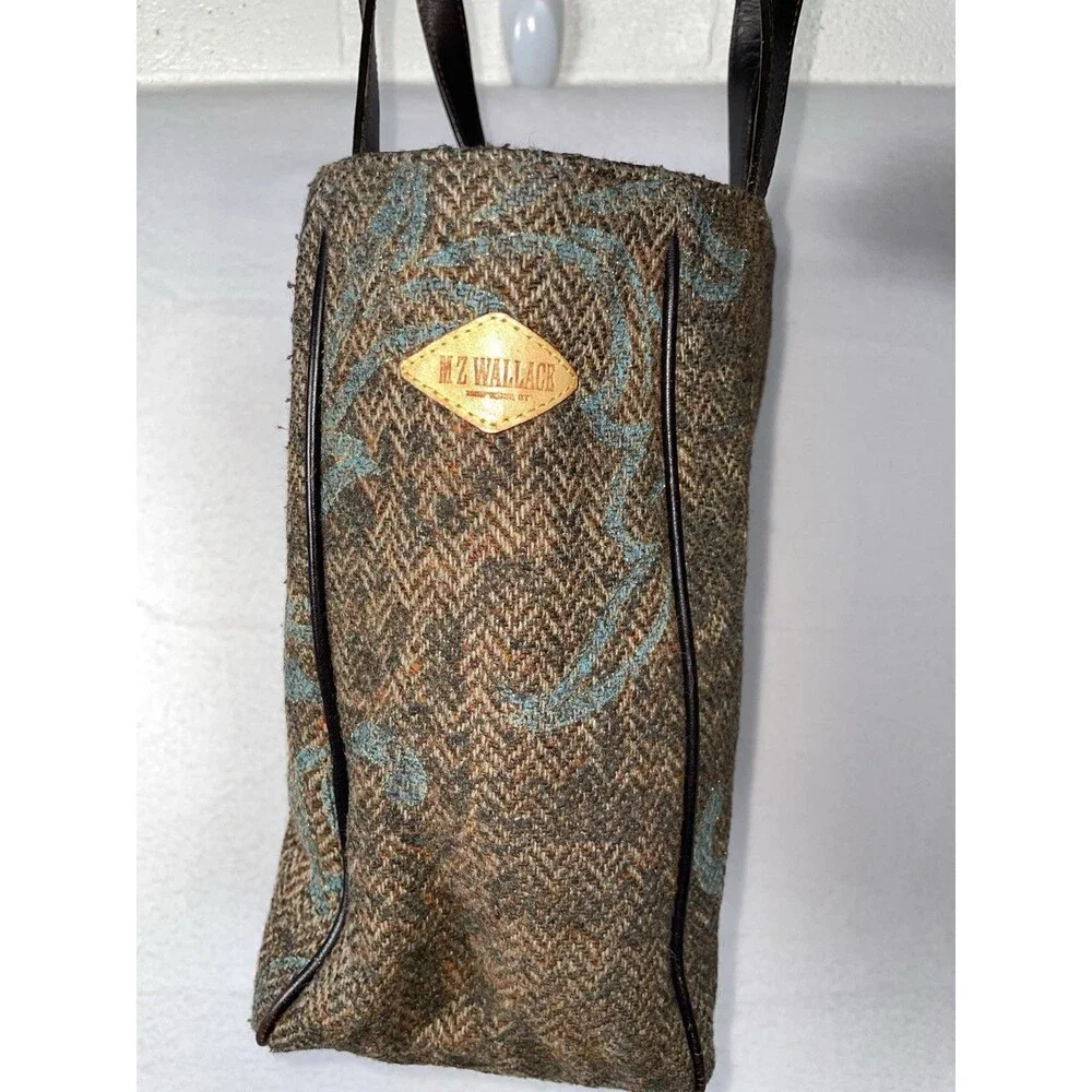 MZ Wallace Handbag TOTE Bag Purse Leather Tapestry Brown Green Tweed Preppy